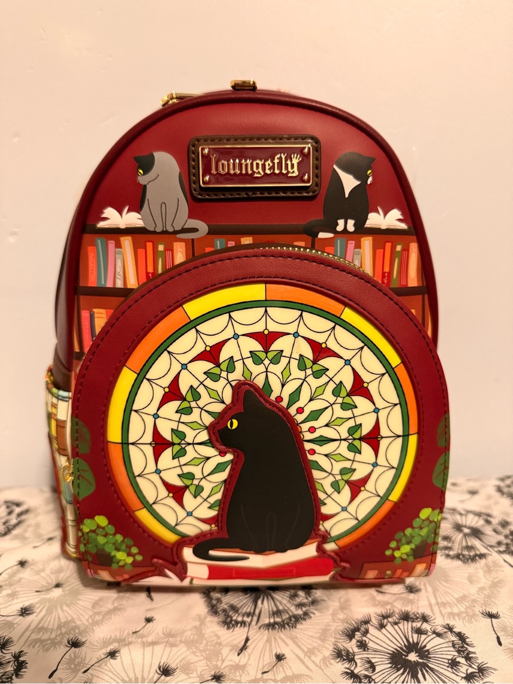 Loungefly Burgundy Cat Stained-Glass Mini Backpack